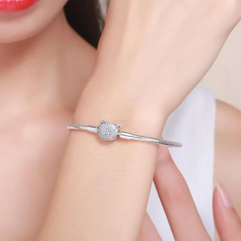 (image for) Pandora Style Silver Cute Cat Chain Bracelet - SCB053 - View 2