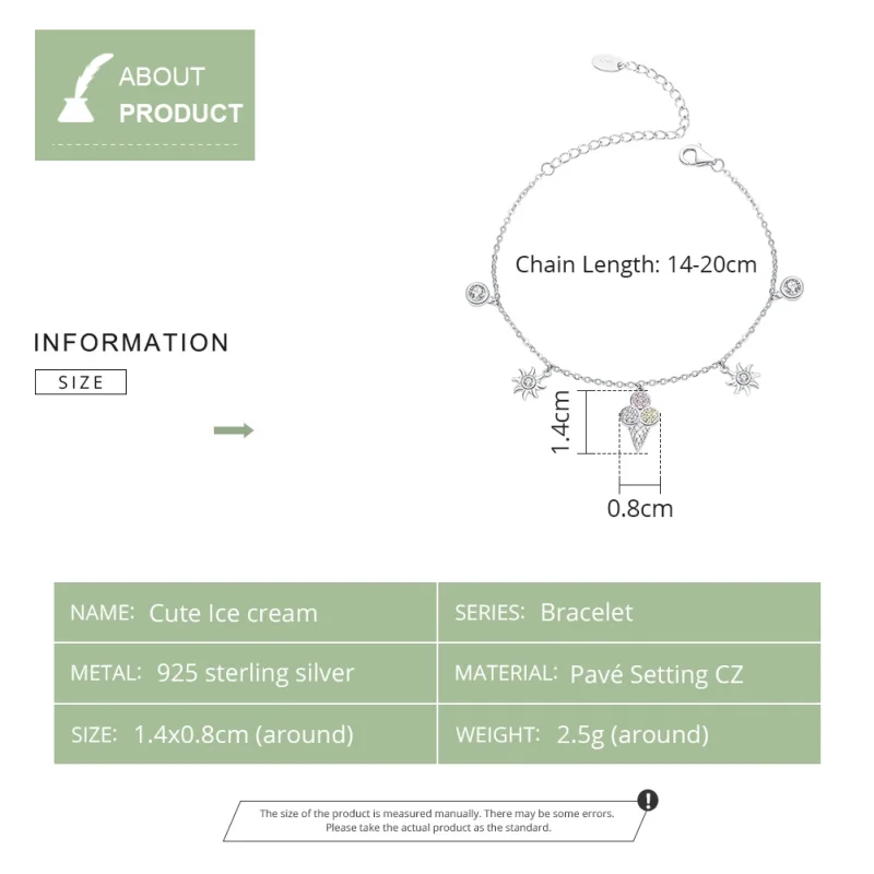 (image for) Pandora Style Silver Cute Ice Cream Chain Slider Bracelet - SCB139 - View 2