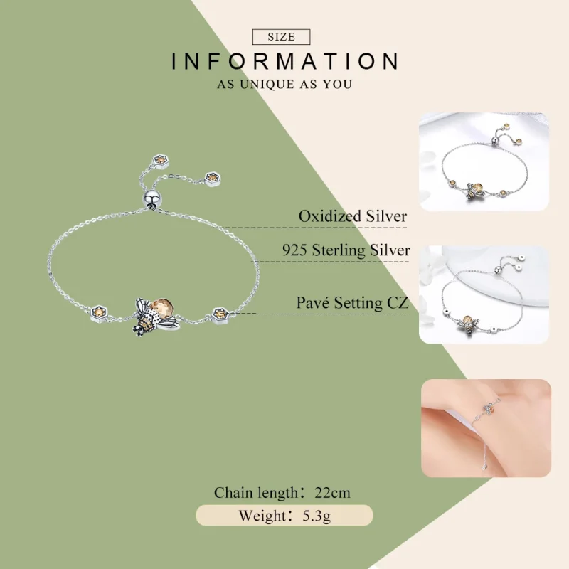 (image for) Pandora Style Silver Dancing Bee Slider Bracelet - SCB043 - View 2