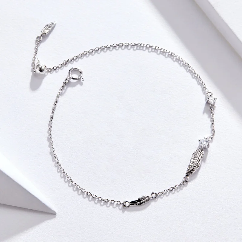 (image for) Pandora Style Silver Feather Chain Slider Bracelet - SCB133 - View 3