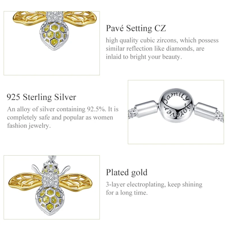 (image for) Pandora Style Silver & Gold-Plated Hardworking and lovely bee Mesh Bracelet - SC - View 6