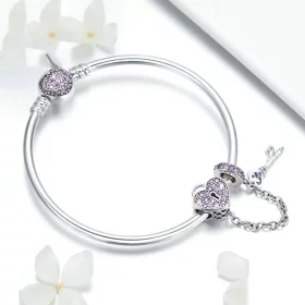 Pandora Style Silver Pink Key and Pave Heart Lock Bangle - SCB820 Pandora Style Silver Pink Key and Pave Heart Lock Bangle - SCB820