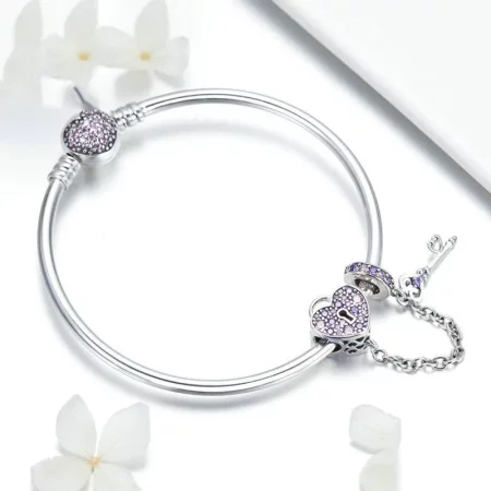 Pandora Style Silver Pink Key and Pave Heart Lock Bangle - SCB820