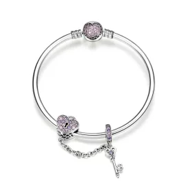Pandora Style Silver Pink Key and Pave Heart Lock Bangle - SCB820 Pandora Style Silver Pink Key and Pave Heart Lock Bangle - SCB820