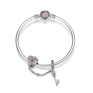 (image for) Pandora Style Silver Pink Key and Pave Heart Lock Bangle - SCB820