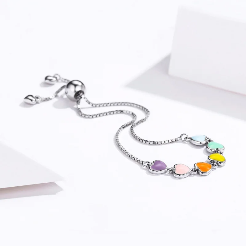 (image for) Pandora Style Silver Rainbow Hearts Chain Slider Bracelet - SCB158 - View 4