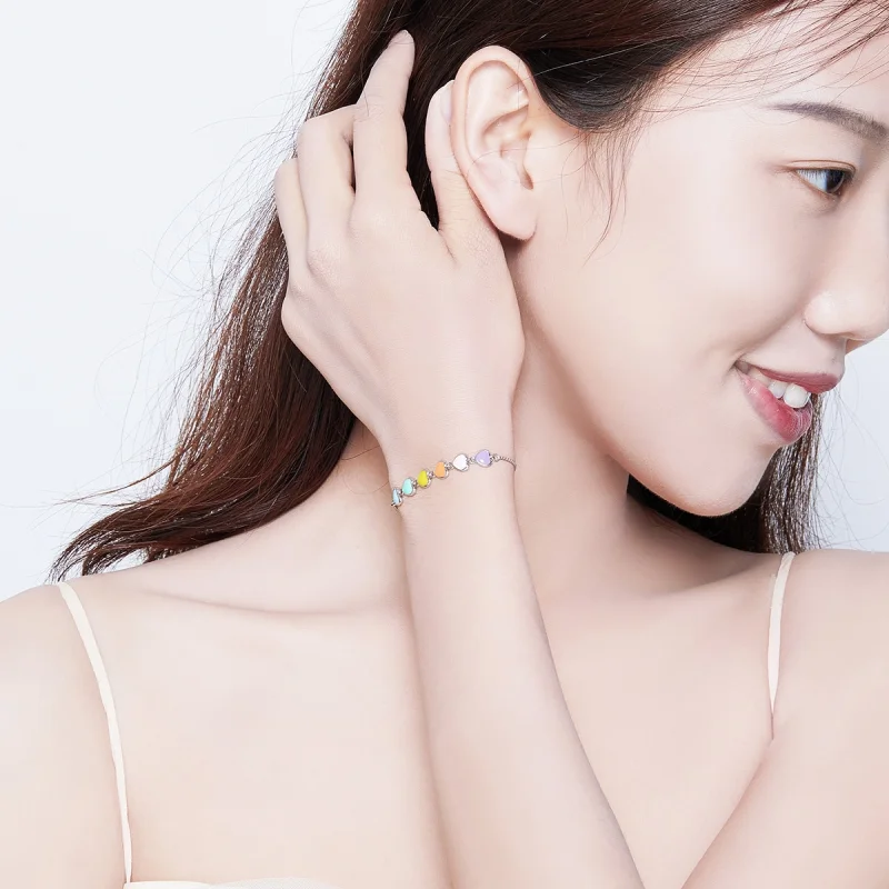 (image for) Pandora Style Silver Rainbow Hearts Chain Slider Bracelet - SCB158 - View 6