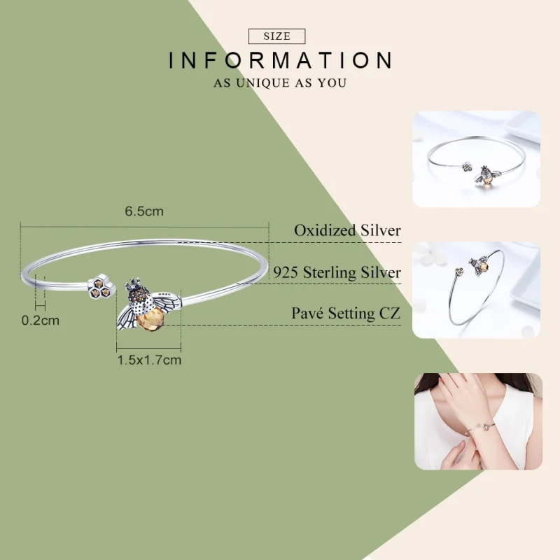 (image for) Pandora Style Silver Story of The Bee Open Bangle - SCB104 - View 2