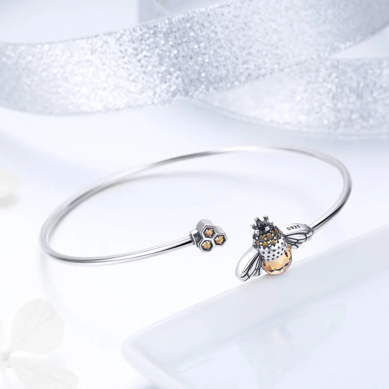 (image for) Pandora Style Silver Story of The Bee Open Bangle - SCB104 - View 4