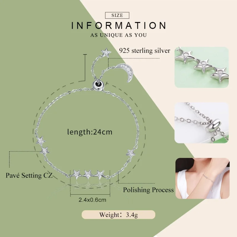 (image for) Pandora Style Silver Whisper of Star and Moon Slider Bracelet - SCB007 - View 2