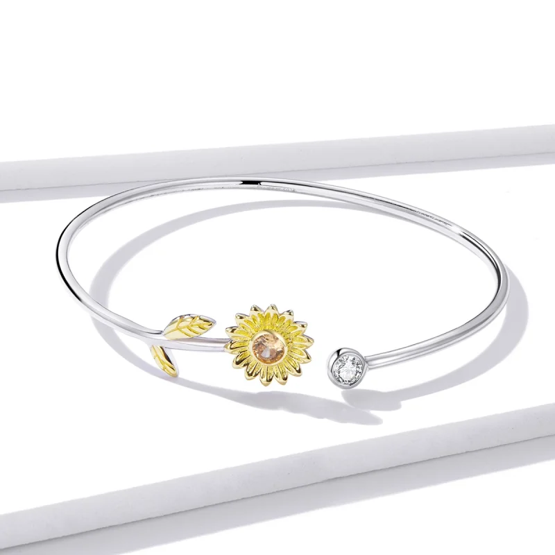 (image for) Pandora Style Two Tone Bicolor Fresh Daisy Open Bangle - BSB045 - View 2