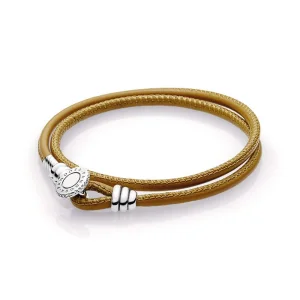 (image for) PANDORA Golden Tan Double Leather Bracelet, Clear CZ - 597194CGT-D