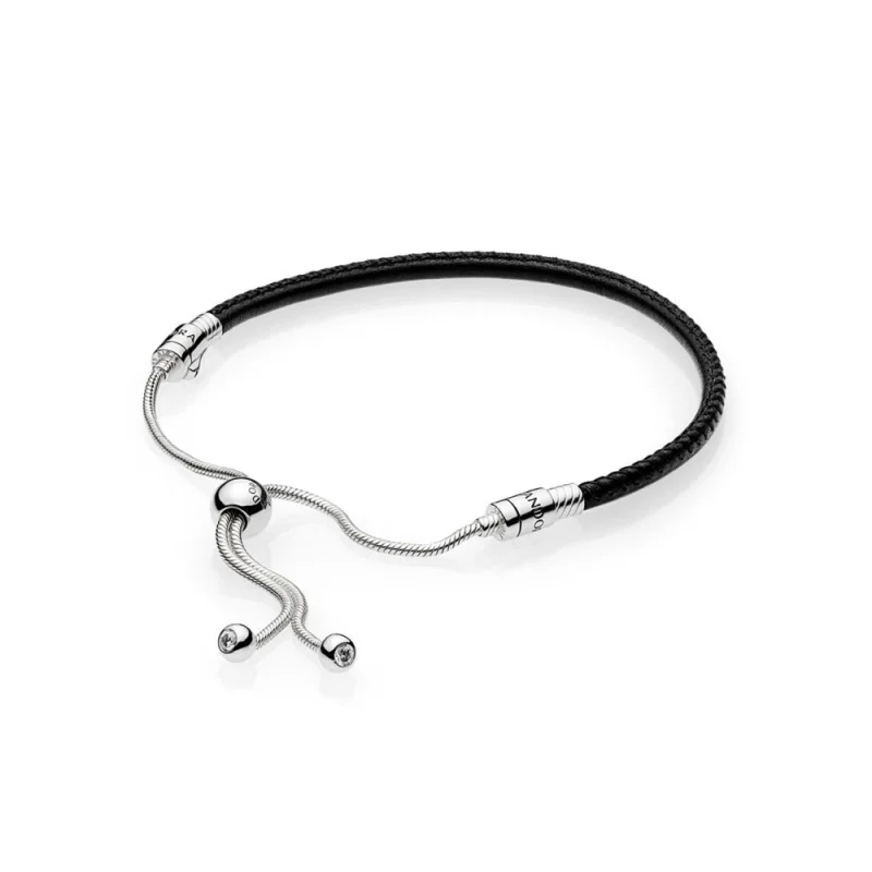 (image for) PANDORA Sliding Black Leather Bracelet, Clear CZ - 597225CBK - Product Image