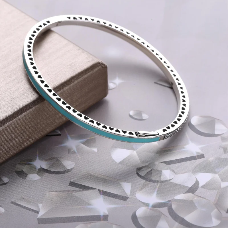 (image for) Radiant Hearts of PANDORA Bangle Bracelet, Bright Mint Enamel & Clear CZ - 59053 - View 3