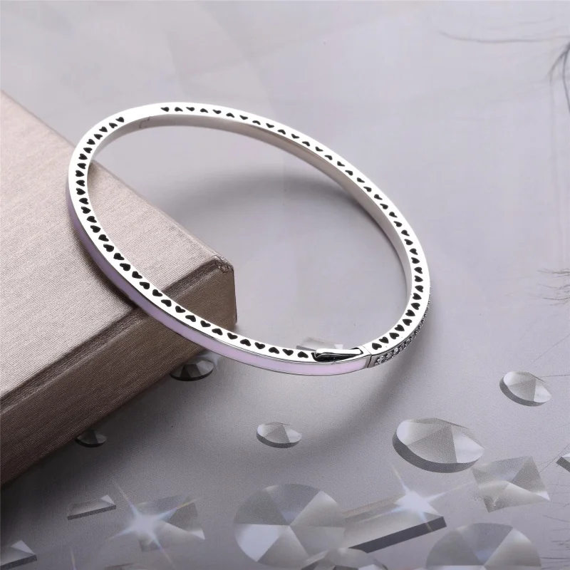 (image for) Radiant Hearts of PANDORA Bangle Bracelet, Light Pink Enamel & Clear CZ - 590537 - View 3