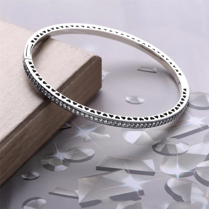 (image for) Radiant Hearts of PANDORA Bangle Bracelet, Light Pink Enamel & Clear CZ - 590537 - View 4