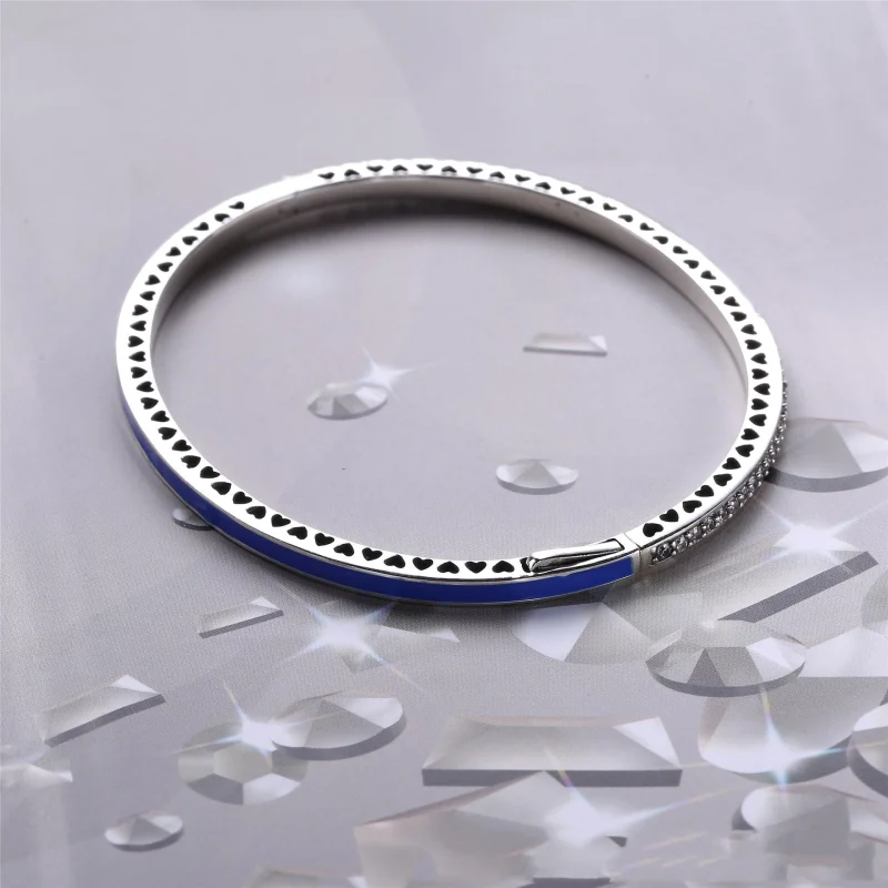 (image for) Radiant Hearts of PANDORA Bangle Bracelet, Princess Blue Enamel & Clear CZ - 590 - View 3