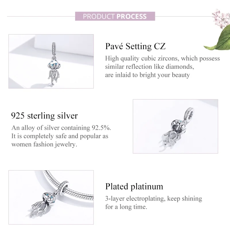 (image for) Pandora Style 925 Sterling Silver White Gold Plated Jellyfish Pendant - Blue Zir - View 3