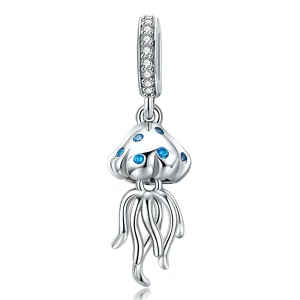 (image for) Pandora Style 925 Sterling Silver White Gold Plated Jellyfish Pendant - Blue Zirconia Ocean Charm - SCC1297