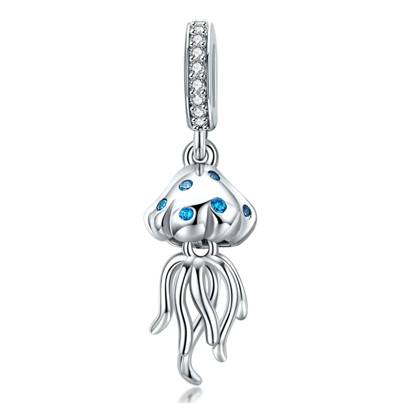 (image for) Pandora Style 925 Sterling Silver White Gold Plated Jellyfish Pendant - Blue Zirconia Ocean Charm - - Product Image