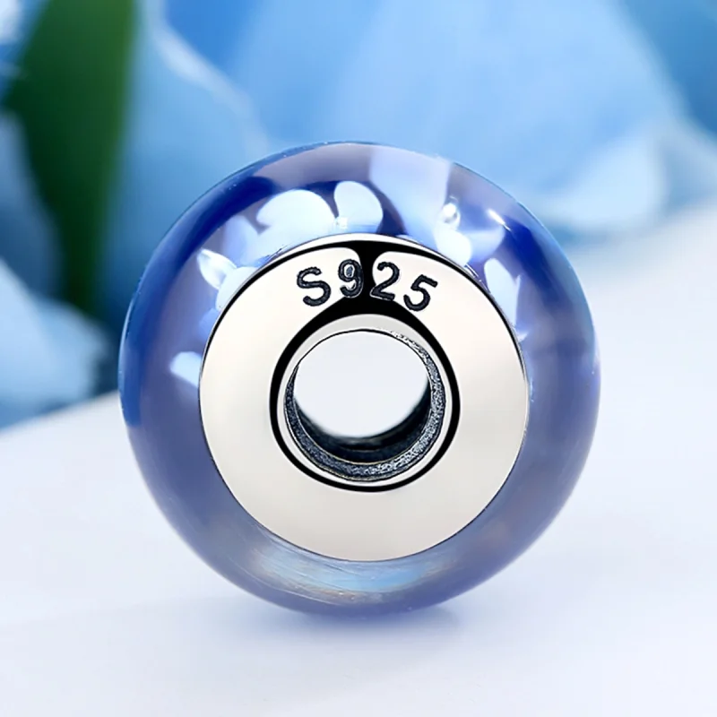 (image for) Pandora Style Blue Murano Glass White Flowers Charm - SCZ006 - View 3