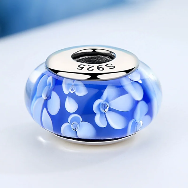 (image for) Pandora Style Blue Murano Glass White Flowers Charm - SCZ006 - View 5