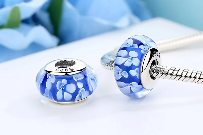 (image for) Pandora Style Blue Murano Glass White Flowers Charm - SCZ006 - View 8