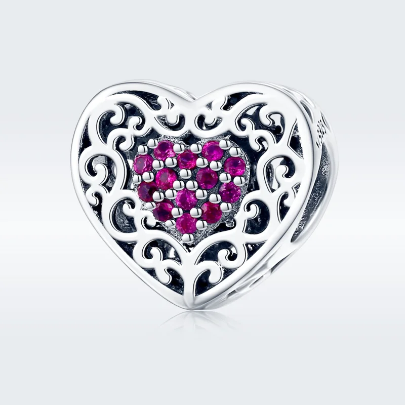 (image for) Pandora Style Heart Filigree Charm Bead in 925 Sterling Silver with Oxidized Zir - View 3