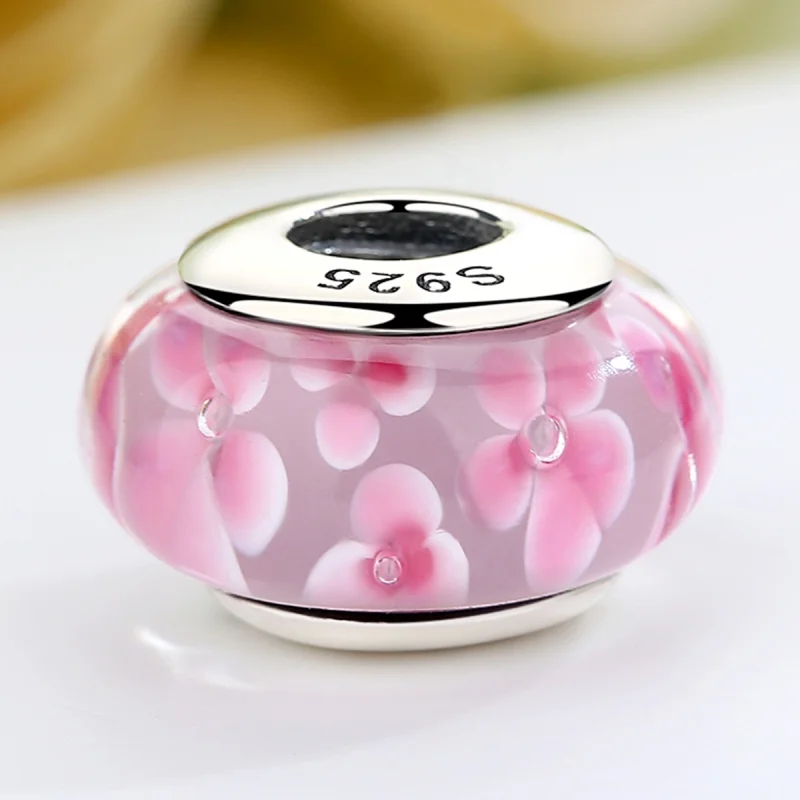 (image for) Pandora Style Pink Flowers Murano Glass Charm - SCZ008 - View 4