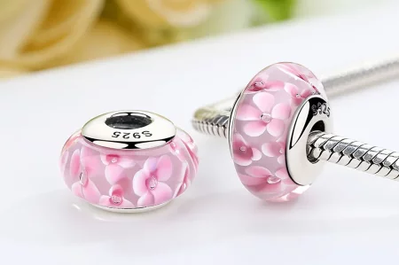 Pandora Style Pink Flowers Murano Glass Charm - SCZ008