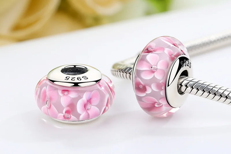 (image for) Pandora Style Pink Flowers Murano Glass Charm - SCZ008 - View 7