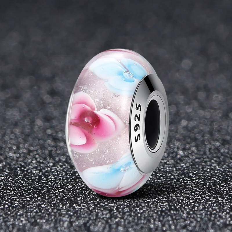 (image for) Pandora Style Pink Flowers Murano Glass Charm - SCZ056 - View 2
