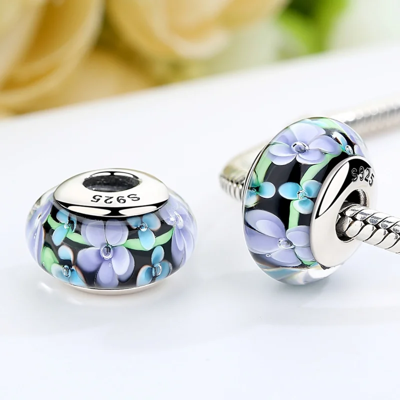 (image for) Pandora Style Purple Flowers Murano Glass Charm - SCZ009 - View 3