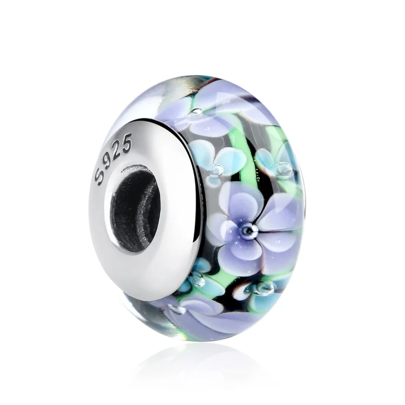 (image for) Pandora Style Purple Flowers Murano Glass Charm - SCZ009 - Product Image