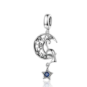 (image for) Pandora Style Silver Cat Play with Stars Dangle Charm - SCC1205