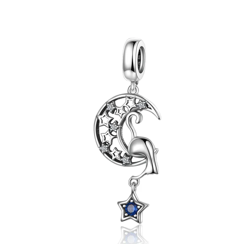 (image for) Pandora Style Silver Cat Play with Stars Dangle Charm - SCC1205 - Product Image