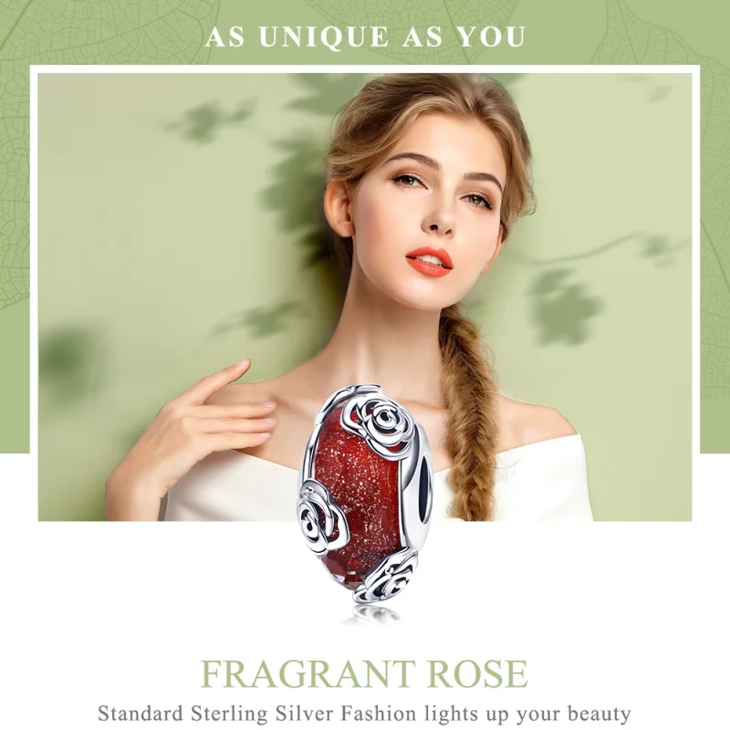 (image for) Pandora Style Silver Fragrant Rose Glass Murano Charm - SCC1030 - View 2