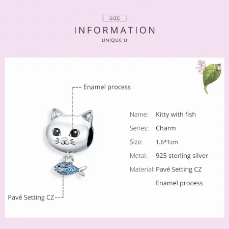 Pandora Style Silver Kitty Love Fish Charm - BSC226