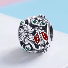 Pandora Style Silver Ladybugs And Flowers Charm - SCC926 Pandora Style Silver Ladybugs And Flowers Charm - SCC926
