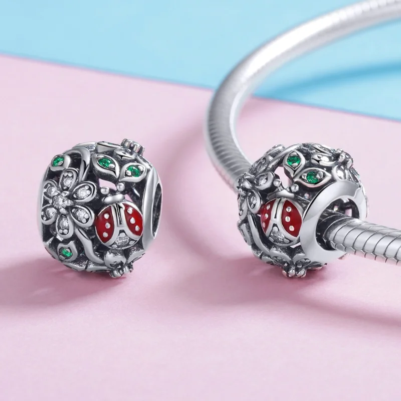 (image for) Pandora Style Silver Ladybugs And Flowers Charm - SCC926 - View 4