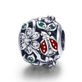 Pandora Style Silver Ladybugs And Flowers Charm - SCC926 Pandora Style Silver Ladybugs And Flowers Charm - SCC926