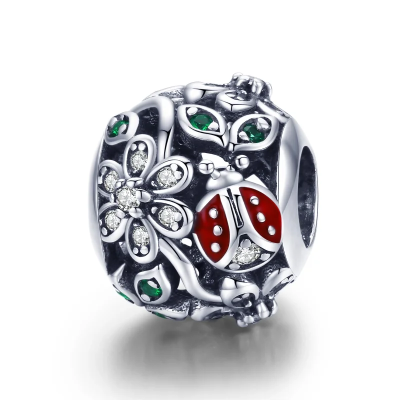 (image for) Pandora Style Silver Ladybugs And Flowers Charm - SCC926 - Product Image