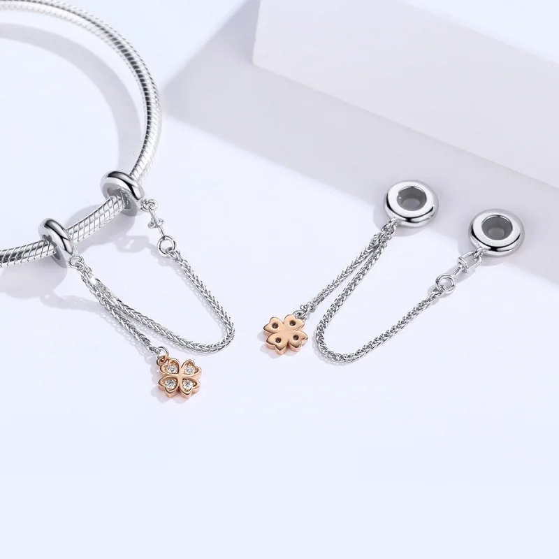 (image for) Pandora Style Silver & Rose Gold Clover Safety Chain - SCC1261 - View 5