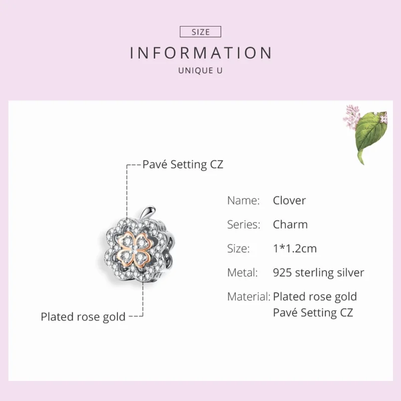 (image for) Pandora Style Silver & Rose Gold Four-Leaf Clover Charm - SCC1247 - View 2
