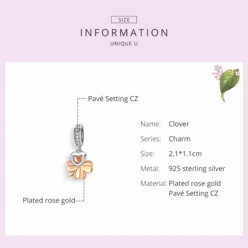 (image for) Pandora Style Silver & Rose Gold Four-Leaf Clover Dangle - SCC1238 - View 2