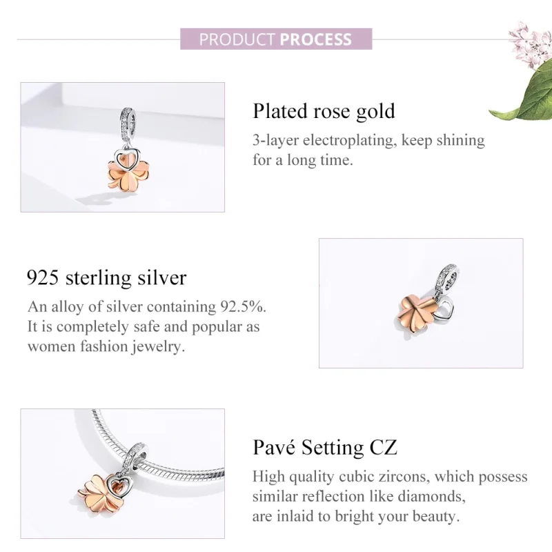 (image for) Pandora Style Silver & Rose Gold Four-Leaf Clover Dangle - SCC1238 - View 3