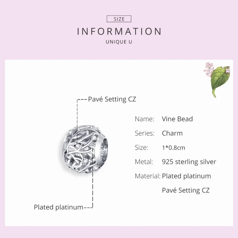 (image for) Pandora Style Silver Vine Charm - BSC256 - View 7