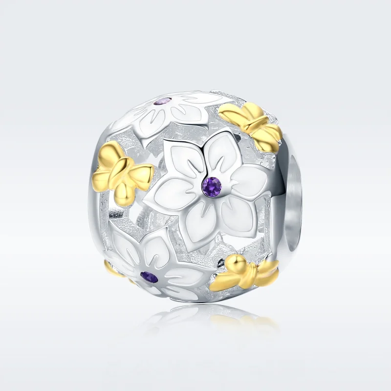 (image for) Pandora Style Two Tone Bicolor Flowers And Butterflies Charm - SCC546 - View 2