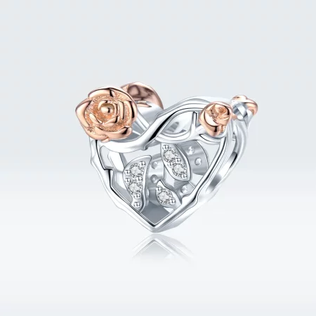 Pandora Style Two Tone Heart With Roses Charm - BSC280