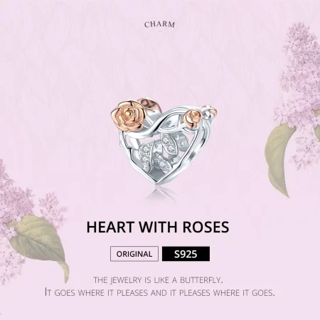 Pandora Style Two Tone Heart With Roses Charm - BSC280